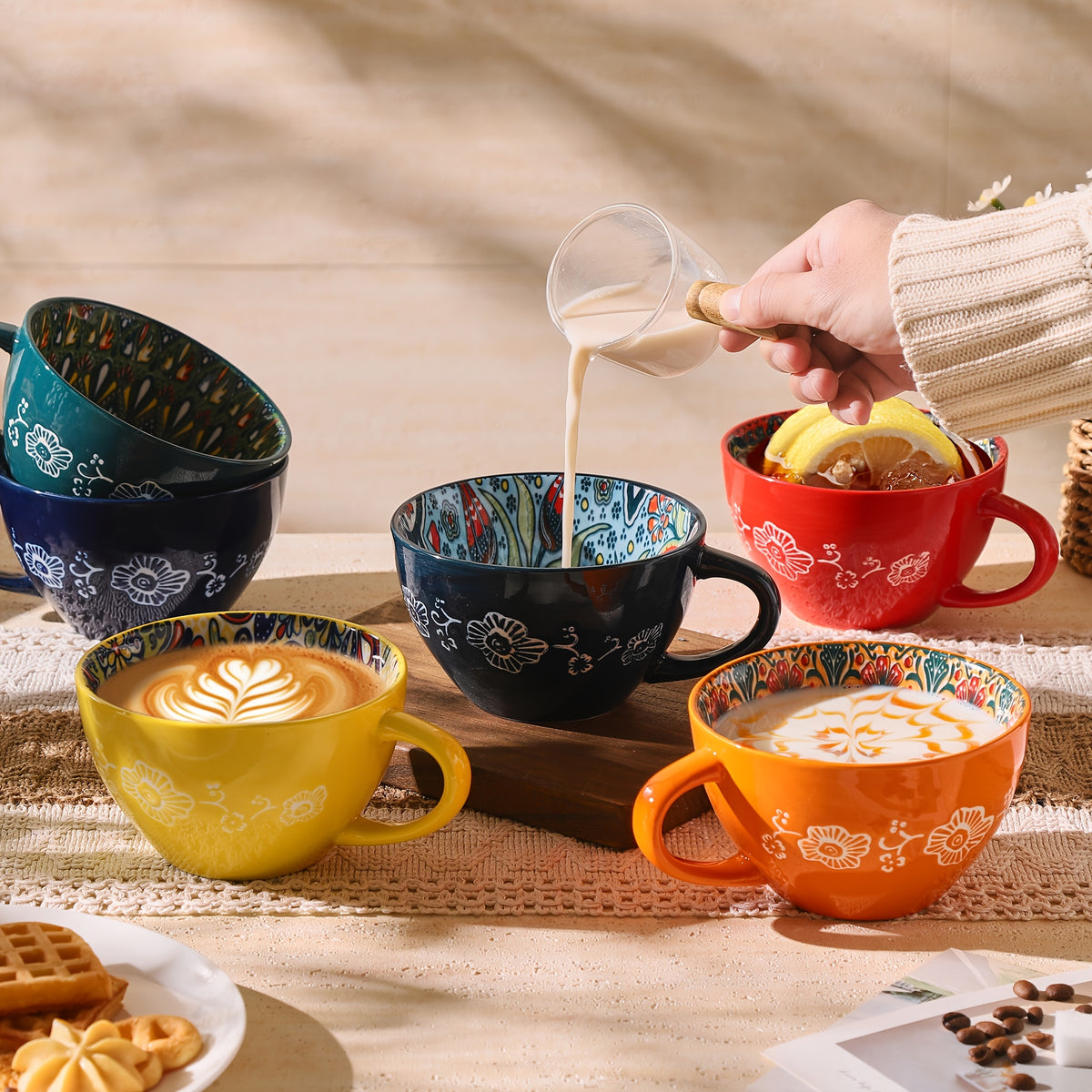 Bohemian Ceramic Breakfast Mugs Set of 6 – 15oz Large Coffee Mugs Microwave Safe for Hot & Cold Drinks – Holiday Gift for Halloween Thanksgiving Christmas