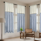 Bohemian Semi-Sheer Linen Cotton Curtains Grommet Top – Patchwork Country Cottage Window Drapes, 1 or 2 Panels, All Season, Bedroom Living Room Kitchen Bathroom Cafe Decor | Blue Green Dark Blue