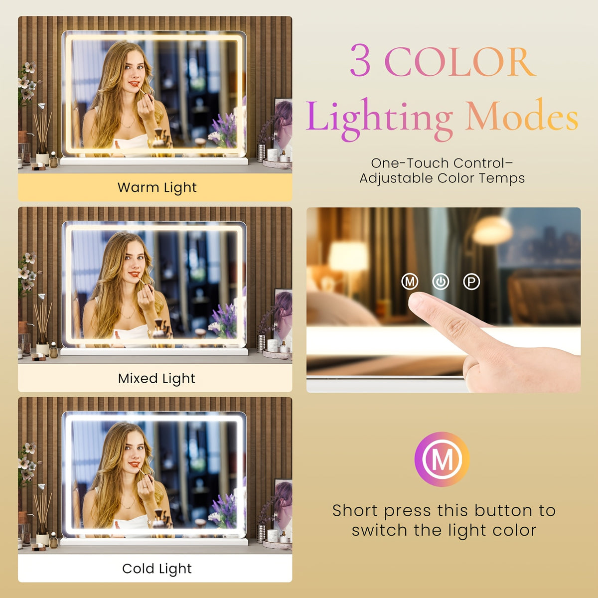 Smart LED Vanity Mirror with Dimmable Lights & Memory – 3 Color Modes, USB Port, Aluminum Frame, Hollywood Makeup Mirror for Bathroom, Bedroom & Desk, 13"x17" or 22"x19"