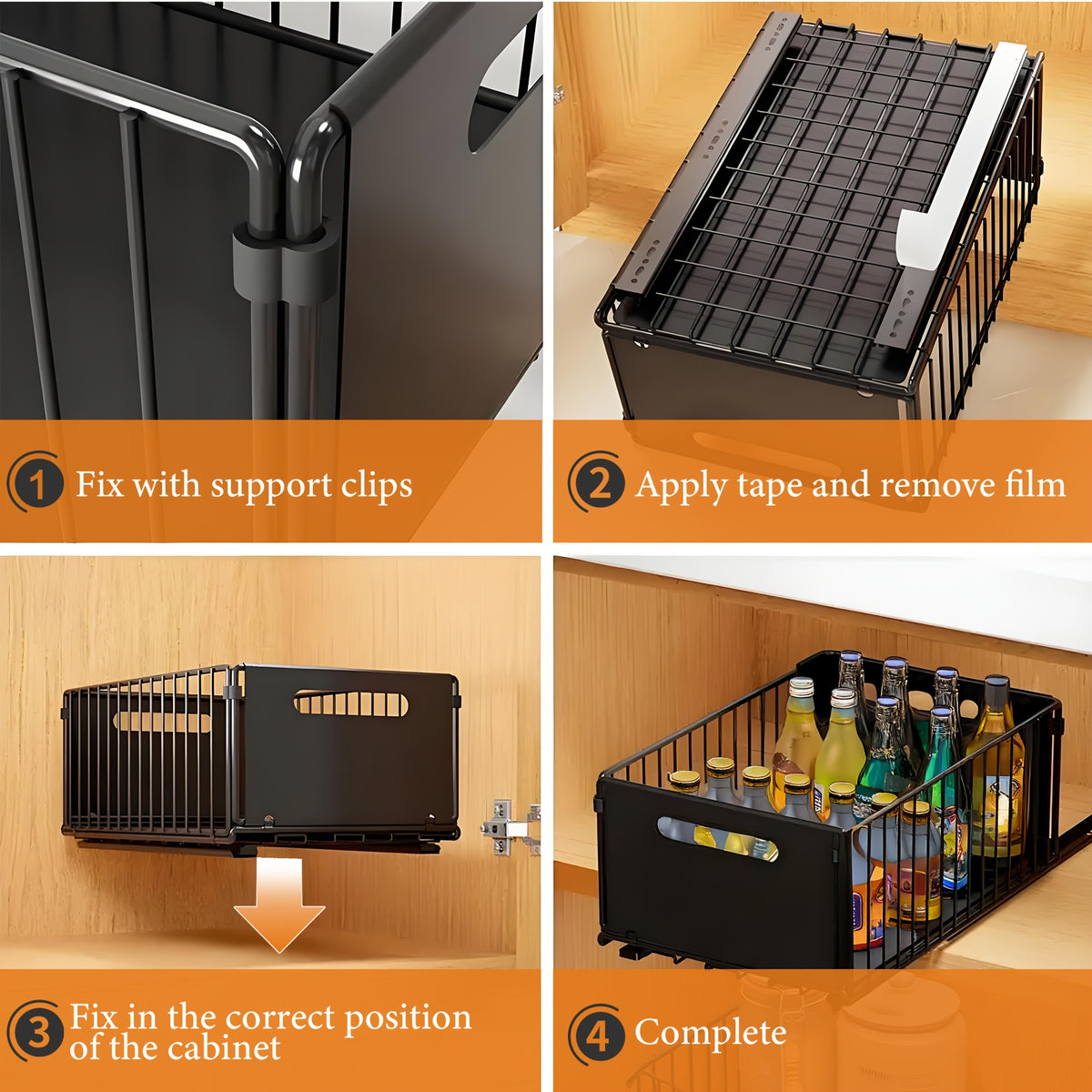 Cabinet Pull-Out Storage Basket 2pcs – Sliding Under-Sink Organizer, Spice Rack & Pantry Shelf Basket for Kitchen, Bathroom & Household Storage