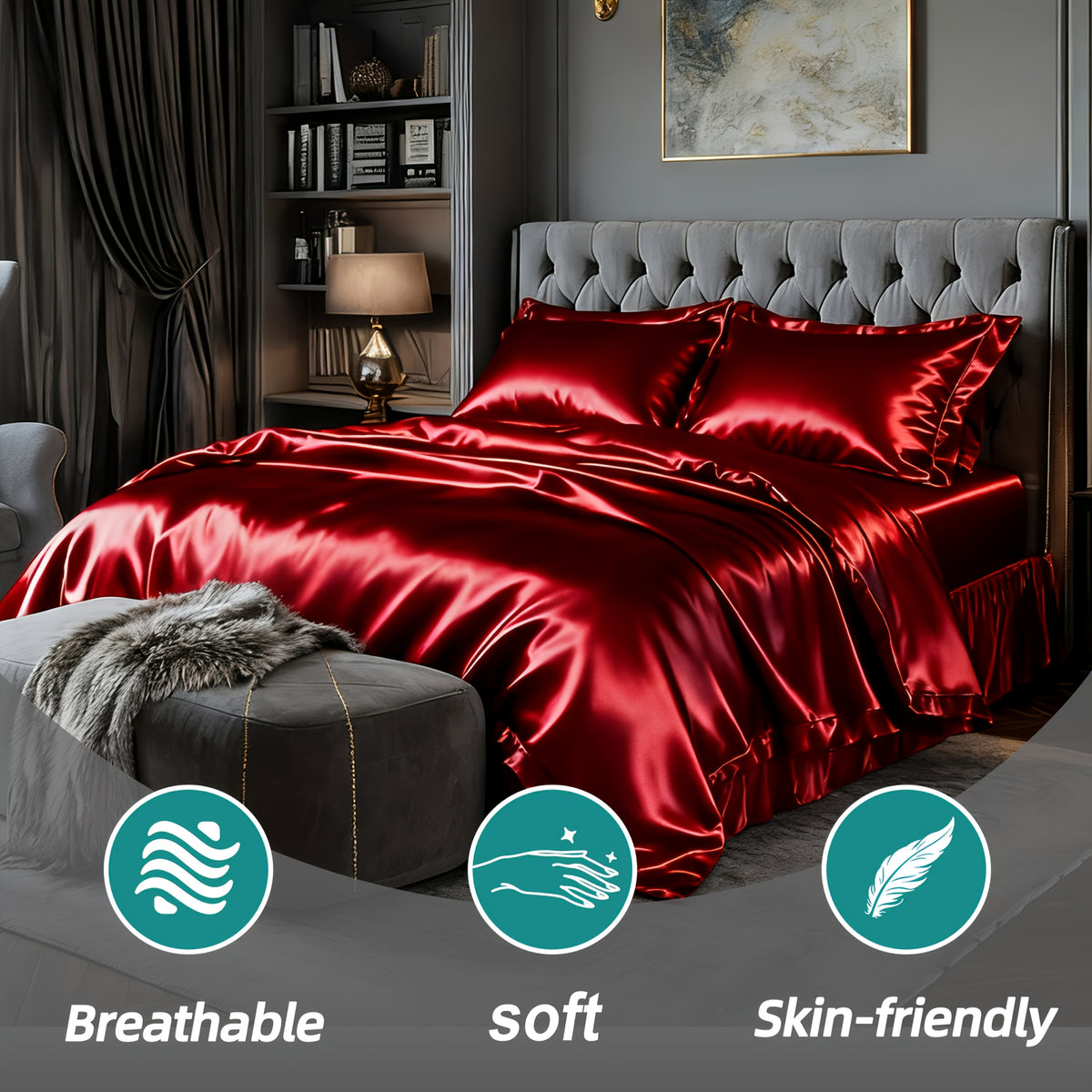 Luxury Satin Fitted Sheet Set with Pillowcases, 3000TC Silky Smooth Cooling Breathable Bed Sheets, Wrinkle-Resistant Machine Washable, Twin Full Queen King for Hot Sleepers, Adults & Kids — White Black Burgundy Gray Blue Purple