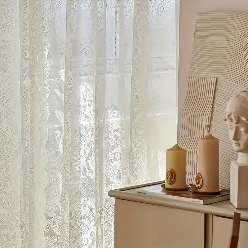 Phoenix Tail Floral Lace Sheer Curtain – Elegant Semi-Sheer Rod Pocket Panel with Eyelet Detailing | Living Room, Kitchen & Bathroom | White, Green & Coffee