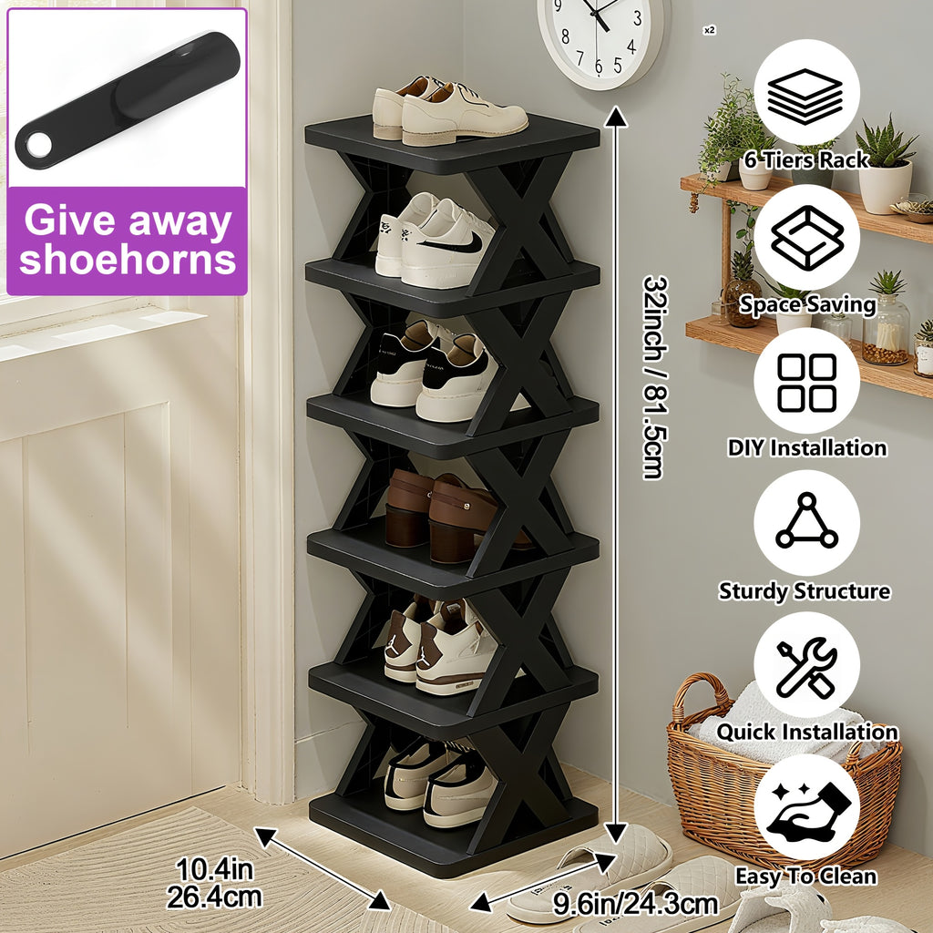 Stackable Shoe Rack Organizer 6 or 9 Tier – Plastic Vertical Shoe Shelf for Entryway, Hallway, Bedroom & Closet, Holds 6–9 Pairs, Easy Assembly, Black or White