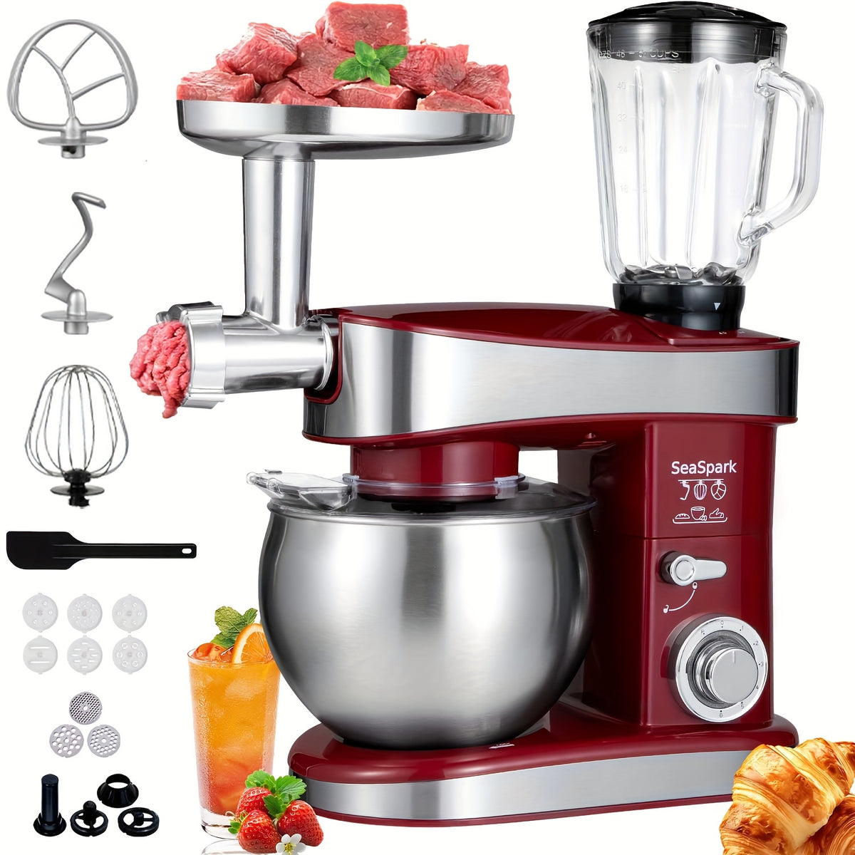 Stand Mixer 6-in-1 with 6.3QT Stainless Steel Bowl, 400W 6-Speed Tilt-Head Kitchen Mixer with Dough Hook, Egg Beater, Whisk, Juicer & Meat Grinder Attachments