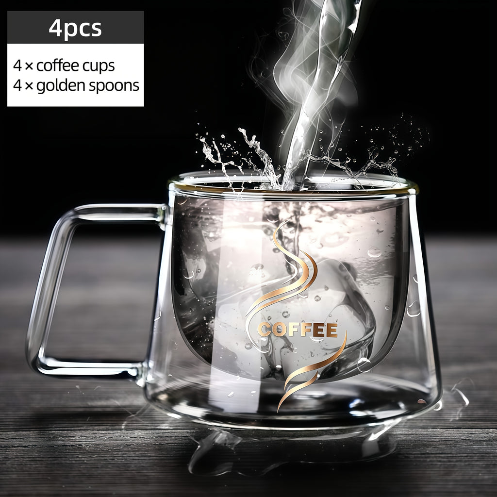 Double Wall Insulated Glass Coffee Cups Set of 4 with Golden Spoons | Transparent Hot Cold Drinkware for Home Office Coffee Shop