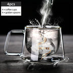 Double Wall Insulated Glass Coffee Cups Set of 4 with Golden Spoons | Transparent Hot Cold Drinkware for Home Office Coffee Shop