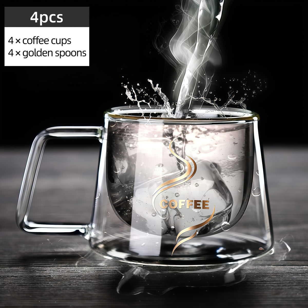 Double Wall Insulated Glass Coffee Cups Set of 4 with Golden Spoons | Transparent Hot Cold Drinkware for Home Office Coffee Shop