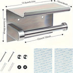 Self-Adhesive Toilet Paper Holder with Phone Stand - No-Drill Stainless Steel Wall Mount Bathroom Tissue Roll Holder with Shelf, Polished Finish Bathroom Accessories