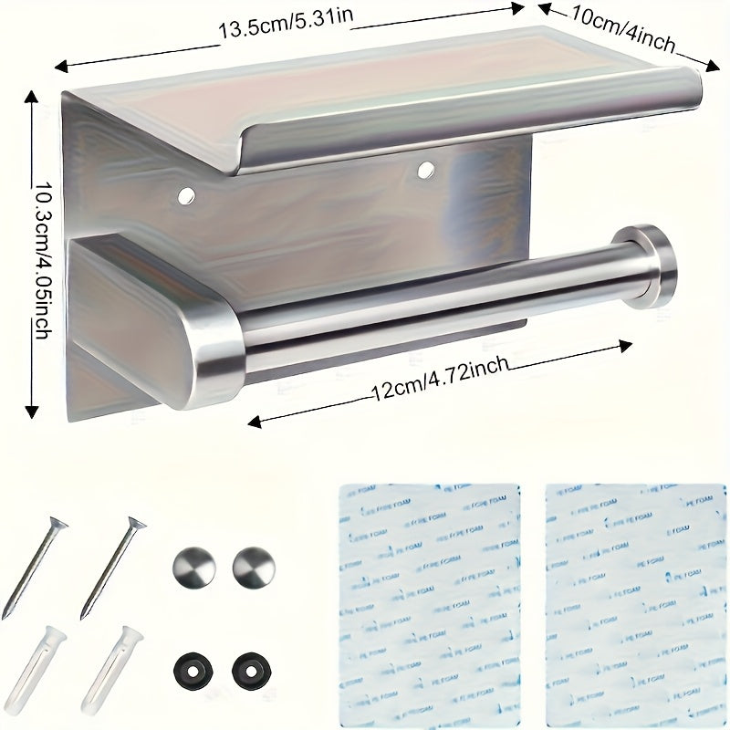 Self-Adhesive Toilet Paper Holder with Phone Stand - No-Drill Stainless Steel Wall Mount Bathroom Tissue Roll Holder with Shelf, Polished Finish Bathroom Accessories