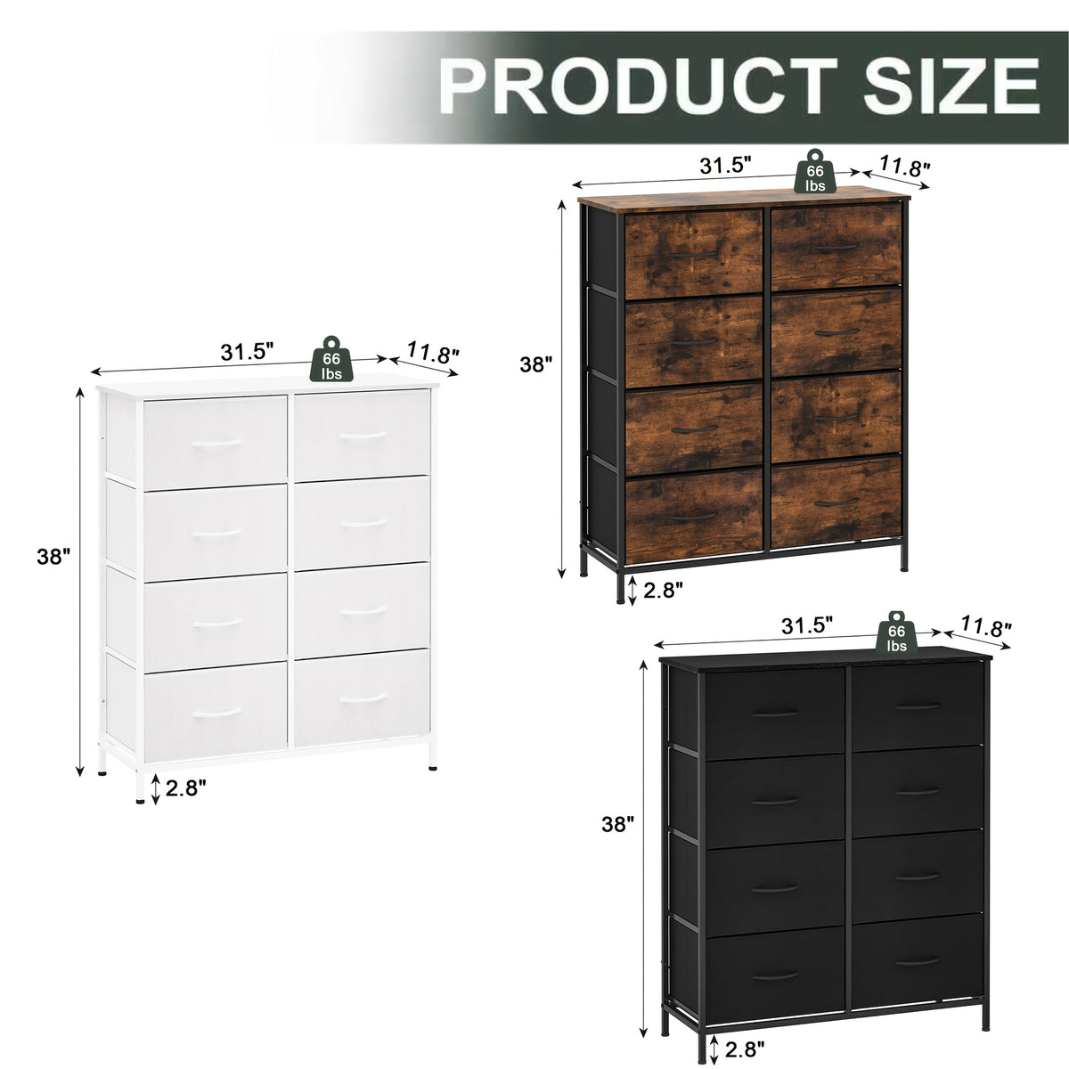 Fabric Storage Chest of 8 Drawers – 4 Independent Sections, Sturdy Metal Frame & Wood Tabletop, Bedroom Dresser for Closet, Living Room & Entryway | White & Brown