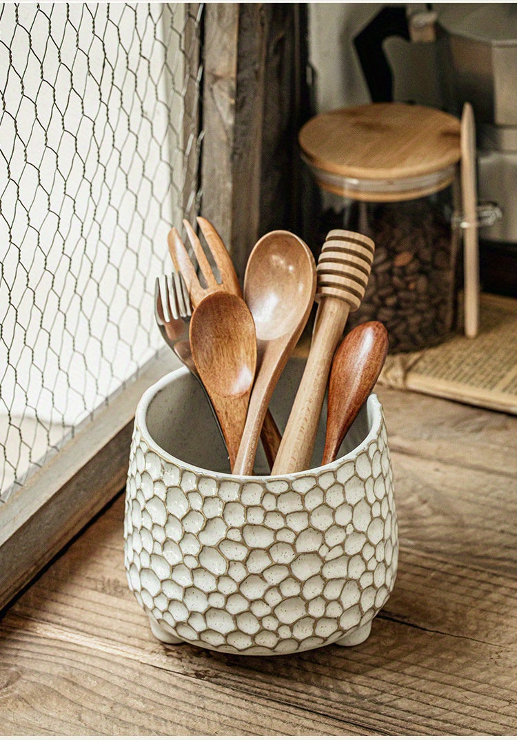 Pine Cone Ceramic Kitchen Tool Holder – Three-Legged Utensil Crock & Decorative Storage Jar for Countertop, Desk & Home Organizer | Personalized Ornament Jar