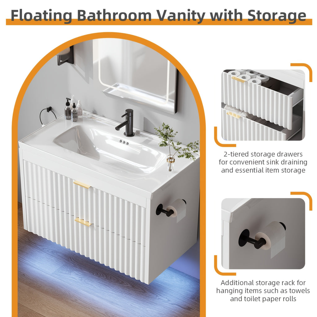 Floating Bathroom Vanity with Sink 24 Inch LED Light Wall Mounted 3-Hole Ceramic Basin Wave Line Design Soft Close Drawers for Small Spaces Black White