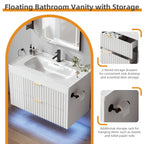 Floating Bathroom Vanity with Sink 24 Inch LED Light Wall Mounted 3-Hole Ceramic Basin Wave Line Design Soft Close Drawers for Small Spaces Black White