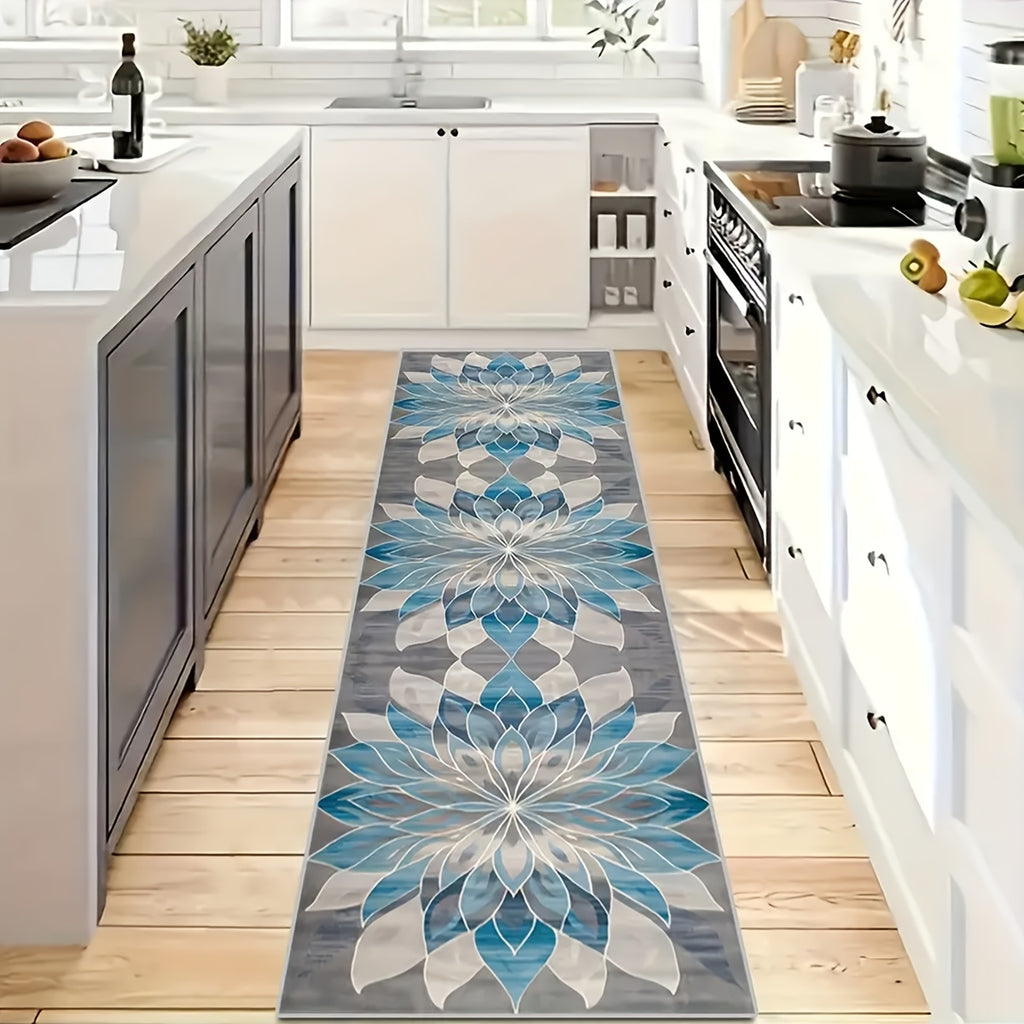 Runner Rug for Hallway Entryway Staircase - Floral European Lotus Pattern, Anti-Slip Machine Washable Long Corridor Mat, 3 Sizes, Teal Grey