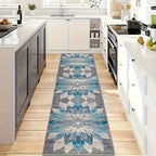 Runner Rug for Hallway Entryway Staircase - Floral European Lotus Pattern, Anti-Slip Machine Washable Long Corridor Mat, 3 Sizes, Teal Grey