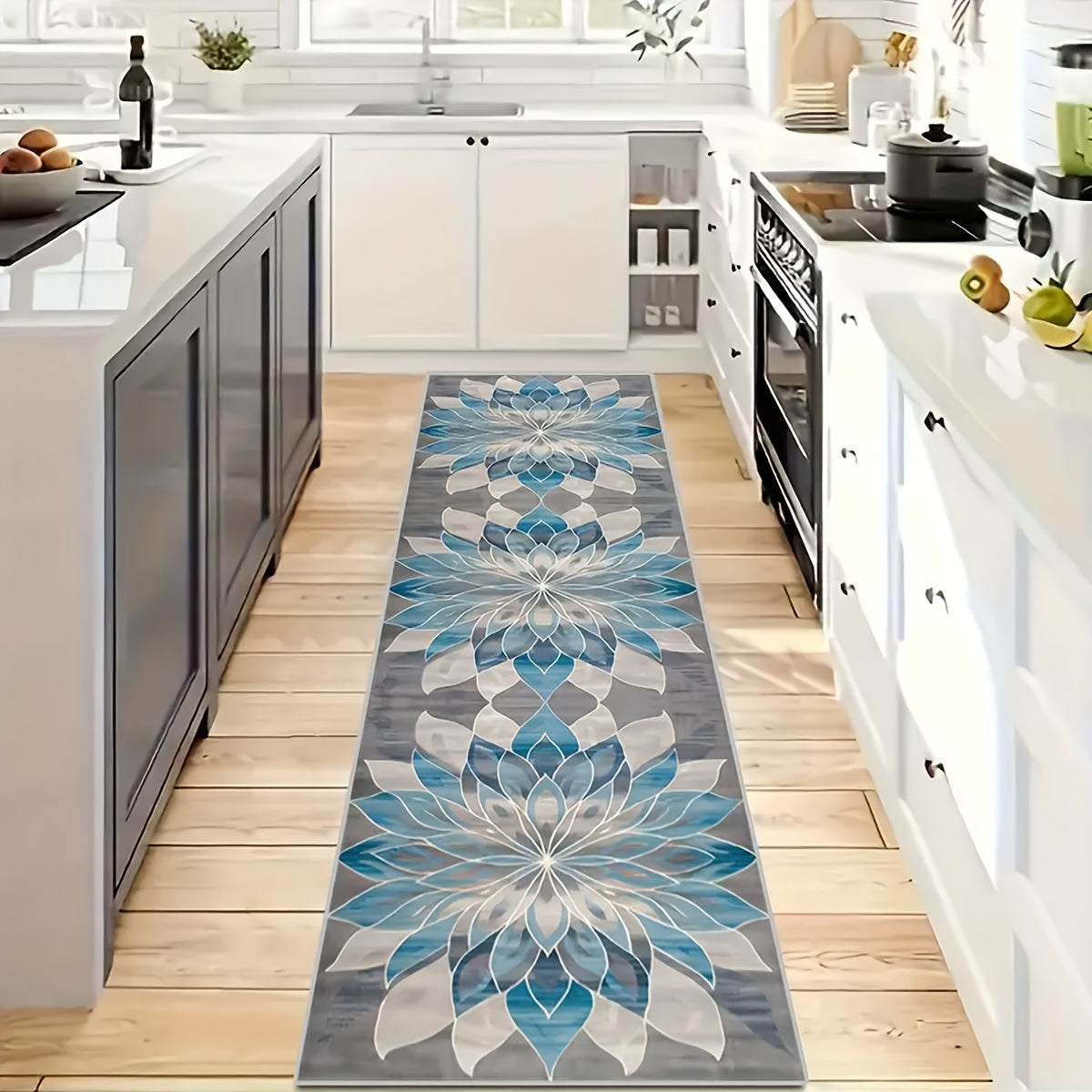 Runner Rug for Hallway Entryway Staircase - Floral European Lotus Pattern, Anti-Slip Machine Washable Long Corridor Mat, 3 Sizes, Teal Grey