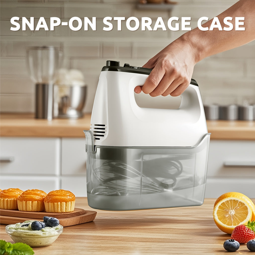 Electric Hand Mixer 6-Speed & Turbo – 5 Stainless Steel Accessories, Snap-On Storage Case | For Cookies, Cakes, Dough & Batters | White & Silver
