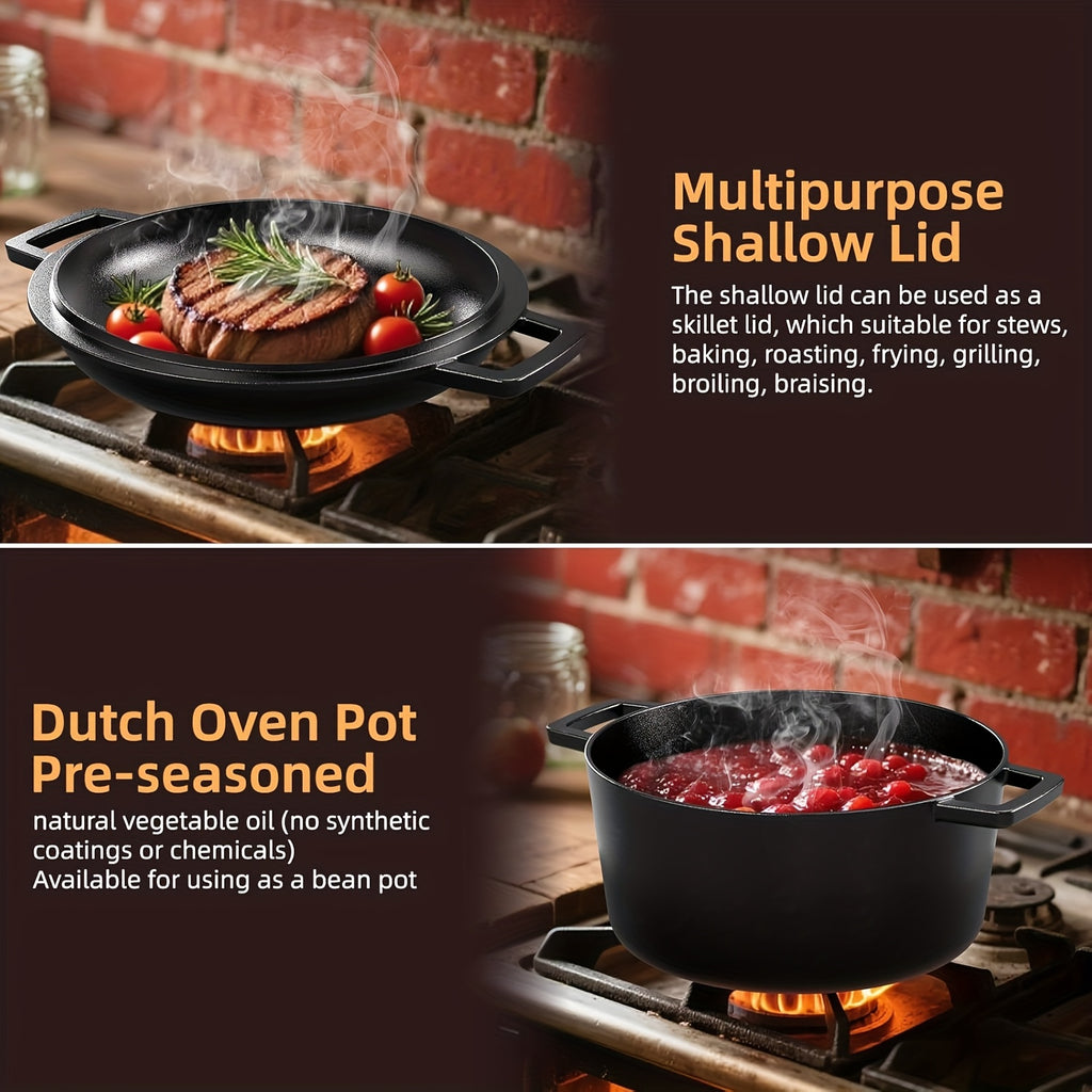 Cast Iron Dutch Oven Set 2-in-1 5.1QT Dutch Oven and 1.9QT Skillet Lid with Accessories Induction Oven Campfire Safe Holiday Cooking Kit for Soups Stews Baking Frying Camping BBQ