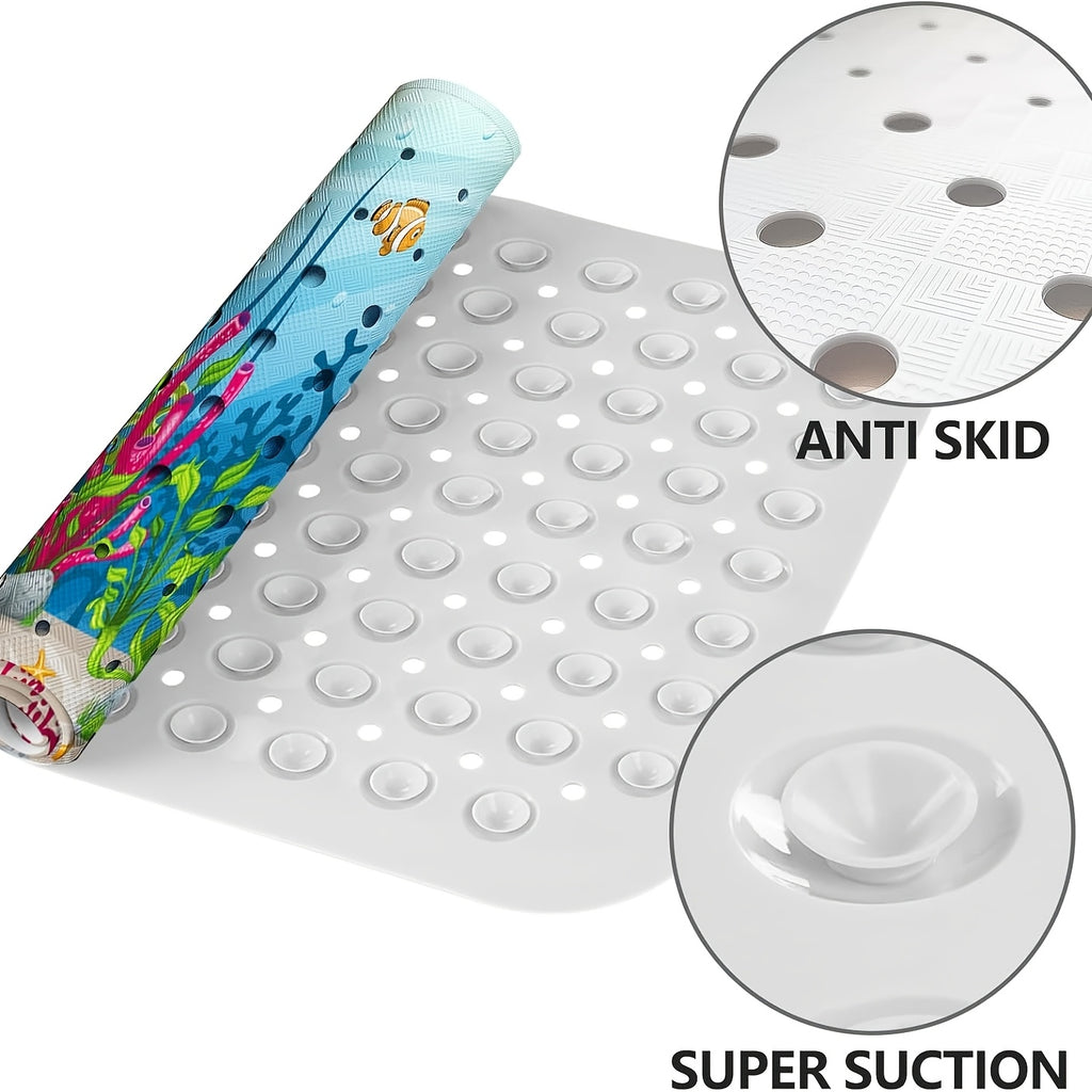 Non-Slip Bathtub Mat with Suction Cups & Drain Holes – PVC Shower Mat 40x16, Cushioned, Machine Washable, Fun Ocean Designs for Kids & Adults
