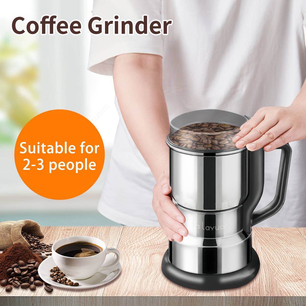 Electric Coffee Bean Grinder 300W 400g/14oz, 8-Blade Stainless Steel, One-Touch Button, Grinds Up to 36 Cups in 10 Seconds – Also for Spices, Grains & Nuts
