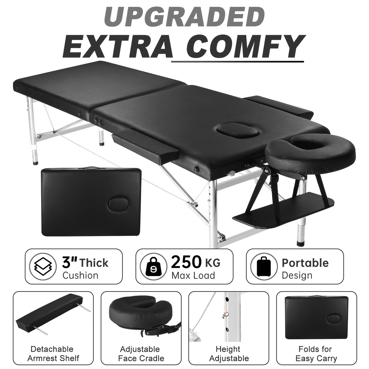Portable Folding Massage Table Professional Lash Bed, Height Adjustable 8-Level Aluminium Legs, 30.9" Wide Tiltable Headrest for Spa Salon Tattoo Home Beauty