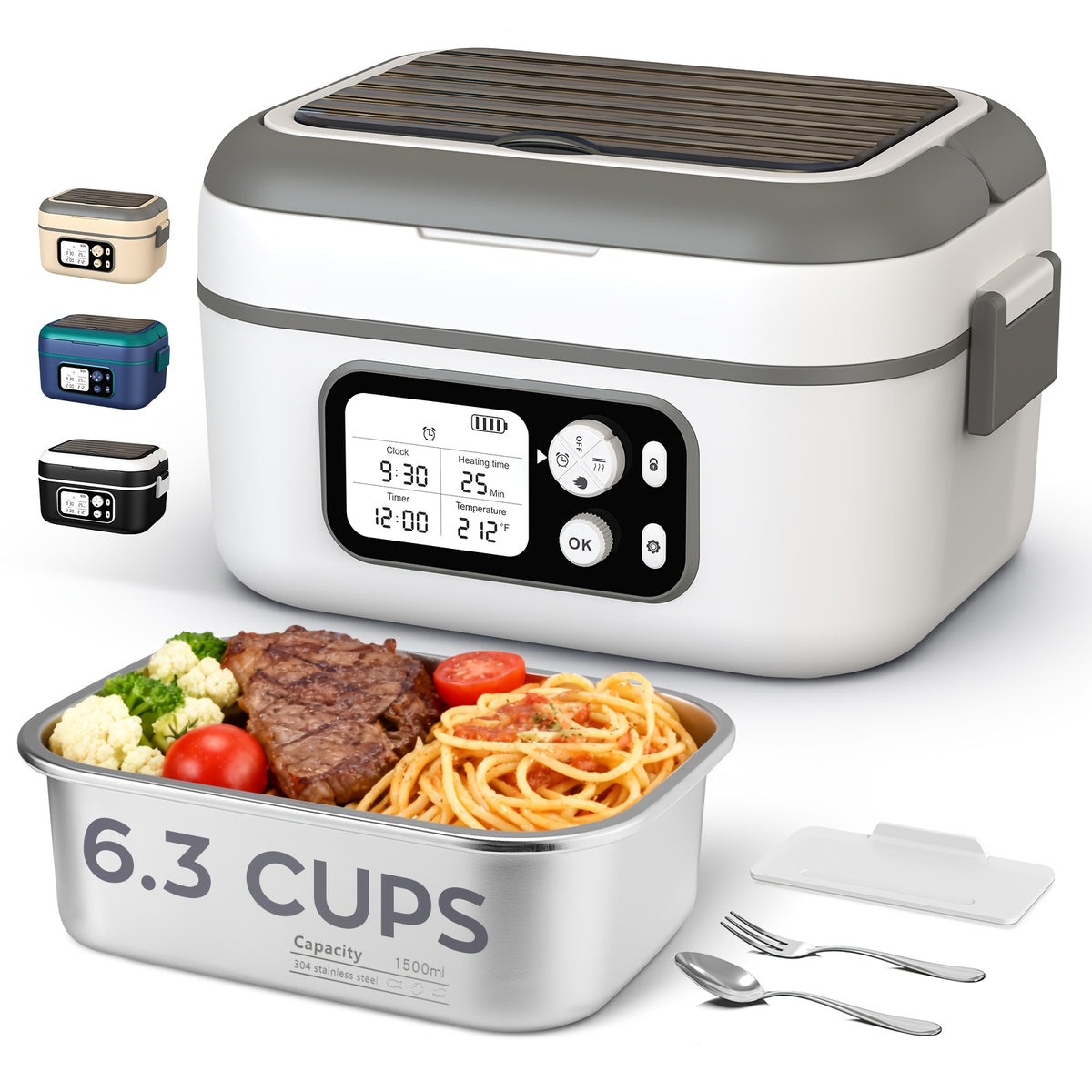 Cordless Electric Heating Lunch Box 1.5L/50.72oz - 304 Stainless Steel, 24000mAh Rechargeable Battery, Adjustable Temp & Timer, Office Picnic Car Travel, Fork Spoon Divider Included, Black White Yellow Blue