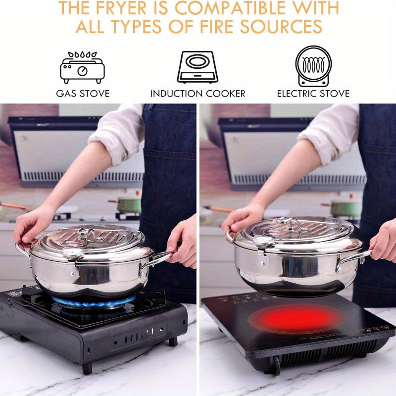 Deep Fryer Pot 304 Stainless Steel Japanese Tempura Frying Pot with Oil Drain Rack, Temperature Control & Lid - Stovetop & Induction Compatible for French Fries, Chicken, Donuts - Home Kitchen