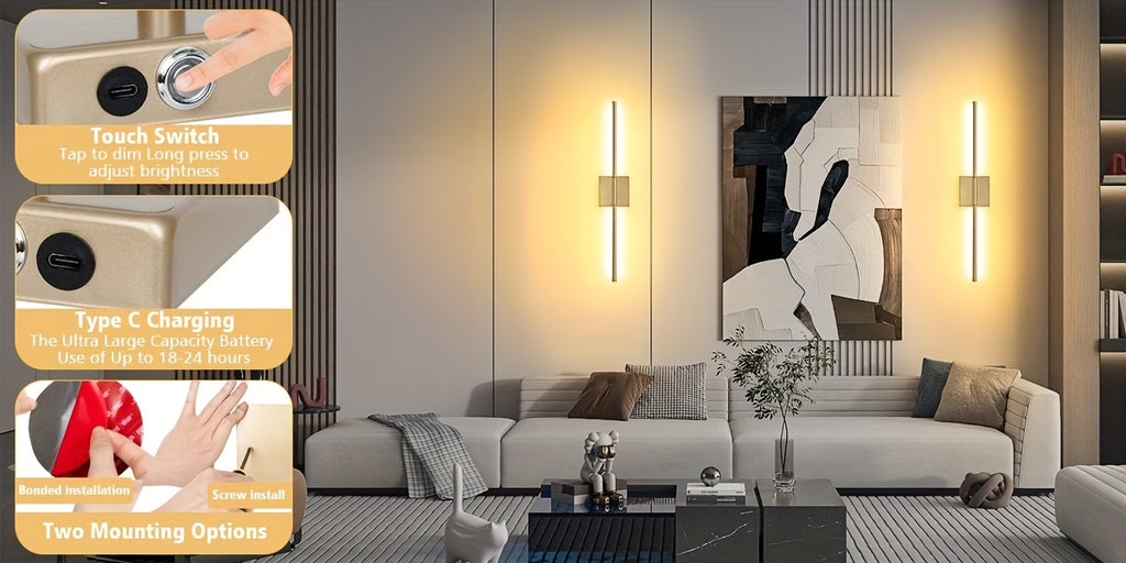 2-Pack Battery Operated Wall Sconces Wireless LED Dimmable Wall Lights with Remote & Touch Control – 350° Rotatable Cordless Wall Lamp for Bedroom, Hallway & Living Room