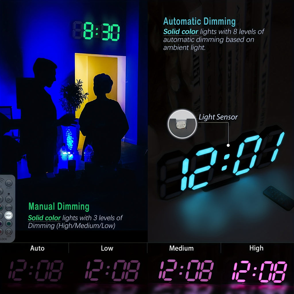 RGB Neon LED Digital Wall Clock 9.7" Large Display with Remote Control – 3D Aesthetic Alarm Clock, Adjustable Brightness, Date & Temperature Display for Bedroom, Living Room, Office, Gym