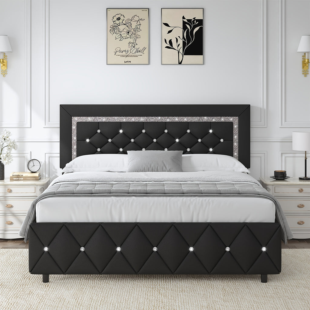 Upholstered Bed Frame with Diamond Tufted Headboard & Footboard – Faux Leather, Wooden Slats, No Box Spring Needed | Twin Full Queen King