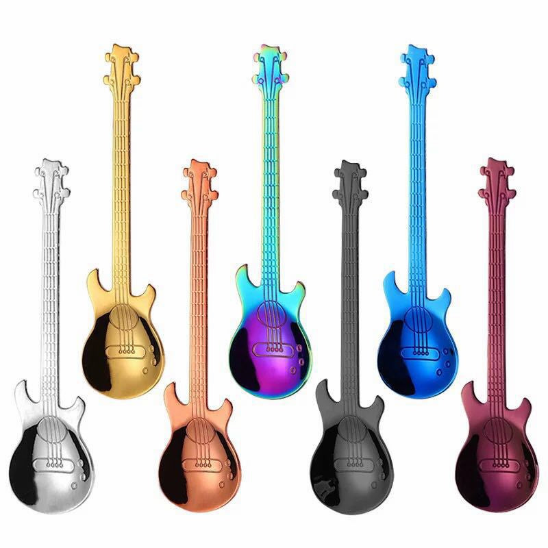 Guitar-Shaped Stainless Steel Teaspoon Set of 6 in Random Colors – Food Safe 304 Steel Novelty Coffee Tea Spoons for Music Lovers, Gifts & Fun Table Settings