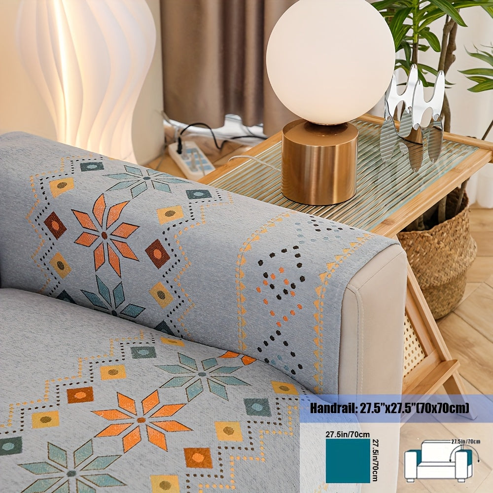 Embroidered Chenille Sofa Slipcover Bohemian Geometric Floral Pattern | Non-Slip Machine Washable Couch Cover for 1-2-3-4 Seater with Armrest & Pillow Cover Options, 6 Colors