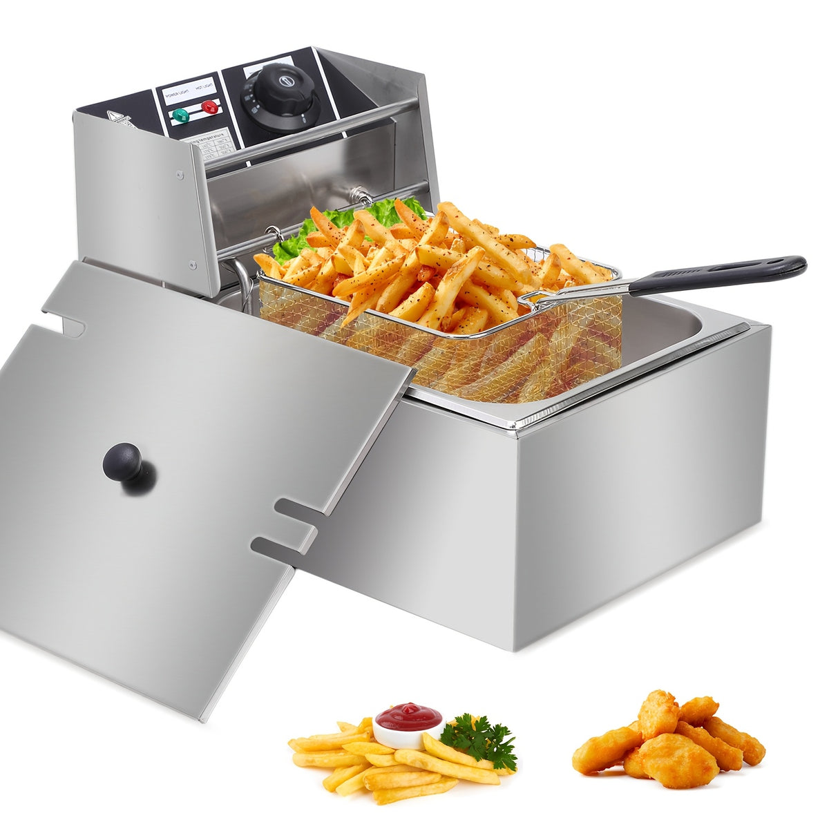 Electric Deep Fryer 6L (1.59 Gal) with Basket, Lid & Temperature Control | Countertop Stainless Steel Deep Fryer for Home Kitchen, Restaurant & Café | 120V US Plug