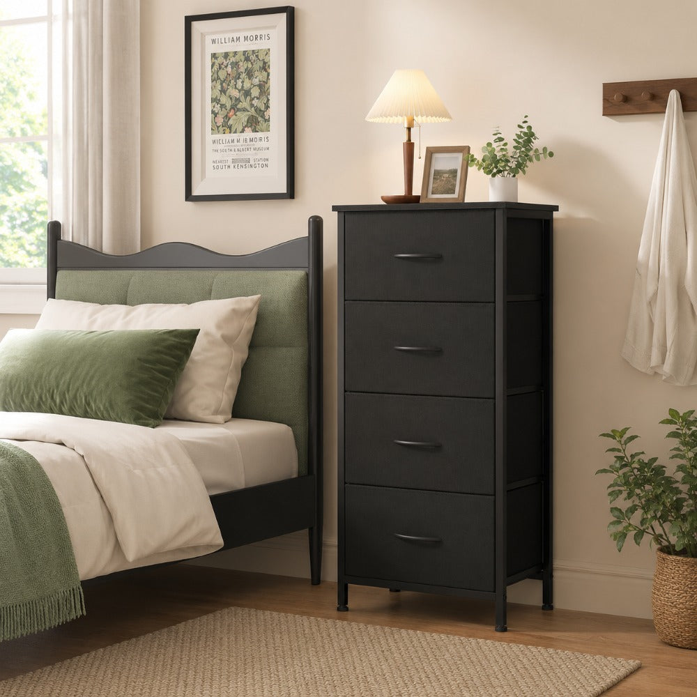 Fabric Dresser with 4 Drawers – Reinforced Edition, Wooden Top & Sturdy Metal Frame, Bedroom Storage Cabinet for Closet, Entryway & Dorm | 6 Colors