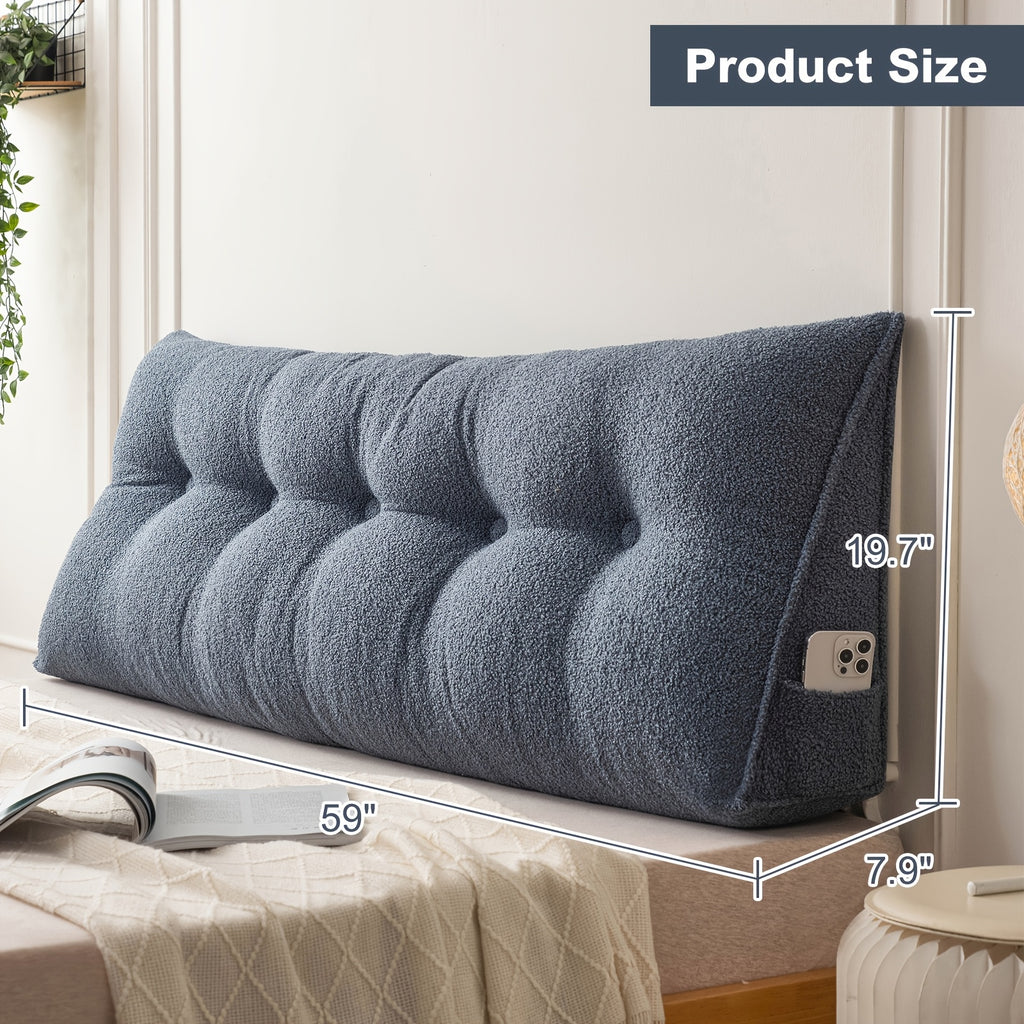 Wedge Headboard Pillow with Side Pocket Triangular Bed Reading Backrest Bolster, Teddy Velvet Removable Washable Cover Bed Gap Filler for Twin Queen King, 7 Colors