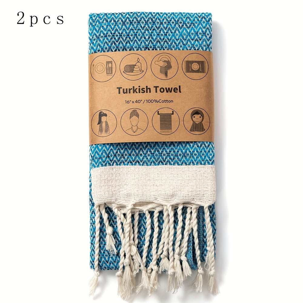 Turkish Cotton Tassel Hand Towels 2-Pack – Diamond Lattice Scandinavian Design, Soft Decorative Towels for Bathroom, Kitchen & Yoga | 7 Colors