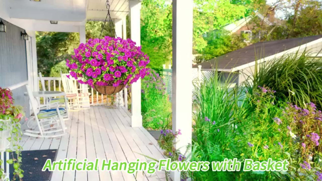 UV-Resistant Artificial Hanging Flowers with Container – Fake Petunia Hanging Plants in 6 Colors, Realistic Faux Blooms for Outdoor Garden, Patio, Porch, Balcony Railing, Wedding & Mother’s Day Decor