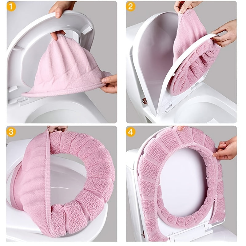 Soft Toilet Seat Cover Set 5 Pcs, 12-Inch Fabric Lid & Tank Cover, All-Inclusive Machine Washable Design, Skin-Friendly Elastic Fit for Standard Toilets – Beige, Gray, Green, Blue, Pink