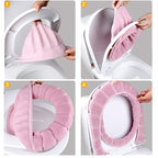Soft Toilet Seat Cover Set 5 Pcs, 12-Inch Fabric Lid & Tank Cover, All-Inclusive Machine Washable Design, Skin-Friendly Elastic Fit for Standard Toilets – Beige, Gray, Green, Blue, Pink