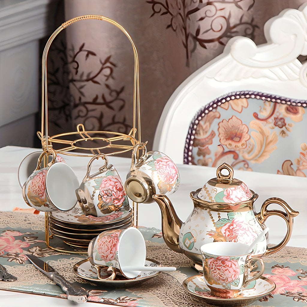 20-Piece Floral Porcelain Tea Set with Metal Holder & Teapot - European Ceramic Espresso Cup and Saucer Set, 3.3oz Cups 15oz Teapot, Afternoon Tea Gift for Golden Pink Purple Flower