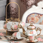 20-Piece Floral Porcelain Tea Set with Metal Holder & Teapot - European Ceramic Espresso Cup and Saucer Set, 3.3oz Cups 15oz Teapot, Afternoon Tea Gift for Golden Pink Purple Flower