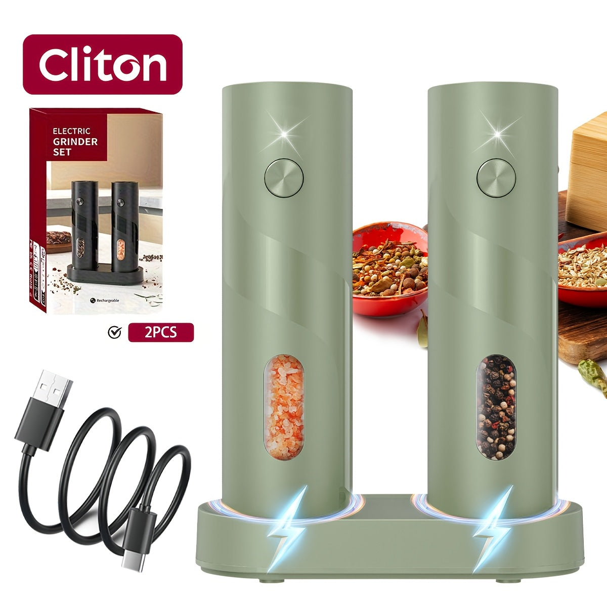 Electric Salt & Pepper Grinder Set USB Rechargeable with Charging Base, LED Grinding Light, Top-Fill Large Capacity – 1 or 2 Piece, Black & Green