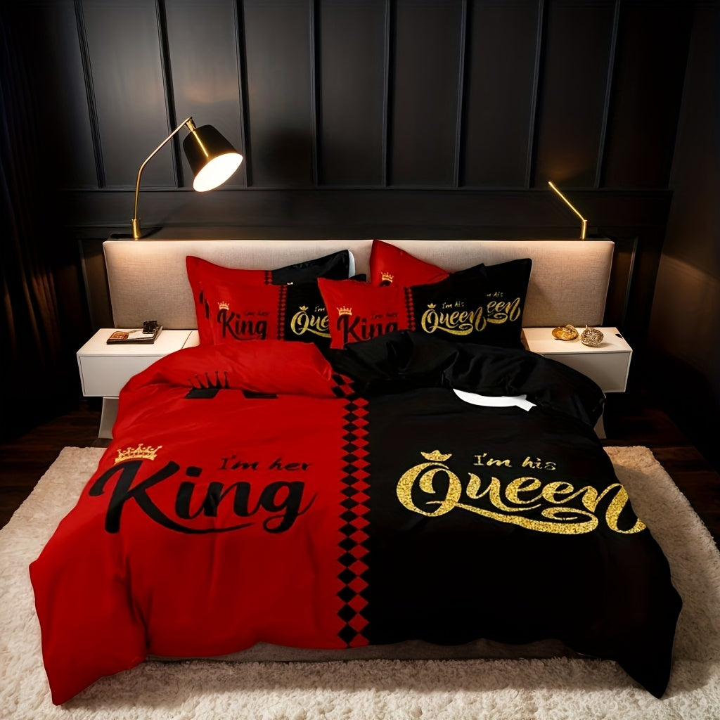 Valentine's Day Duvet Cover Set 3pcs – Crown Queen & King Print Soft Breathable Polyester Bedding, Machine Washable, Includes Duvet Cover & 2 Pillow Covers, Romantic Gift for Couples