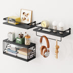 Floating Shelves Over Toilet 3/4 Piece Set – Farmhouse Wood Wall-Mounted Bathroom Shelf for Toilet Paper Storage, Small Bathroom Organizer in Black & Brown