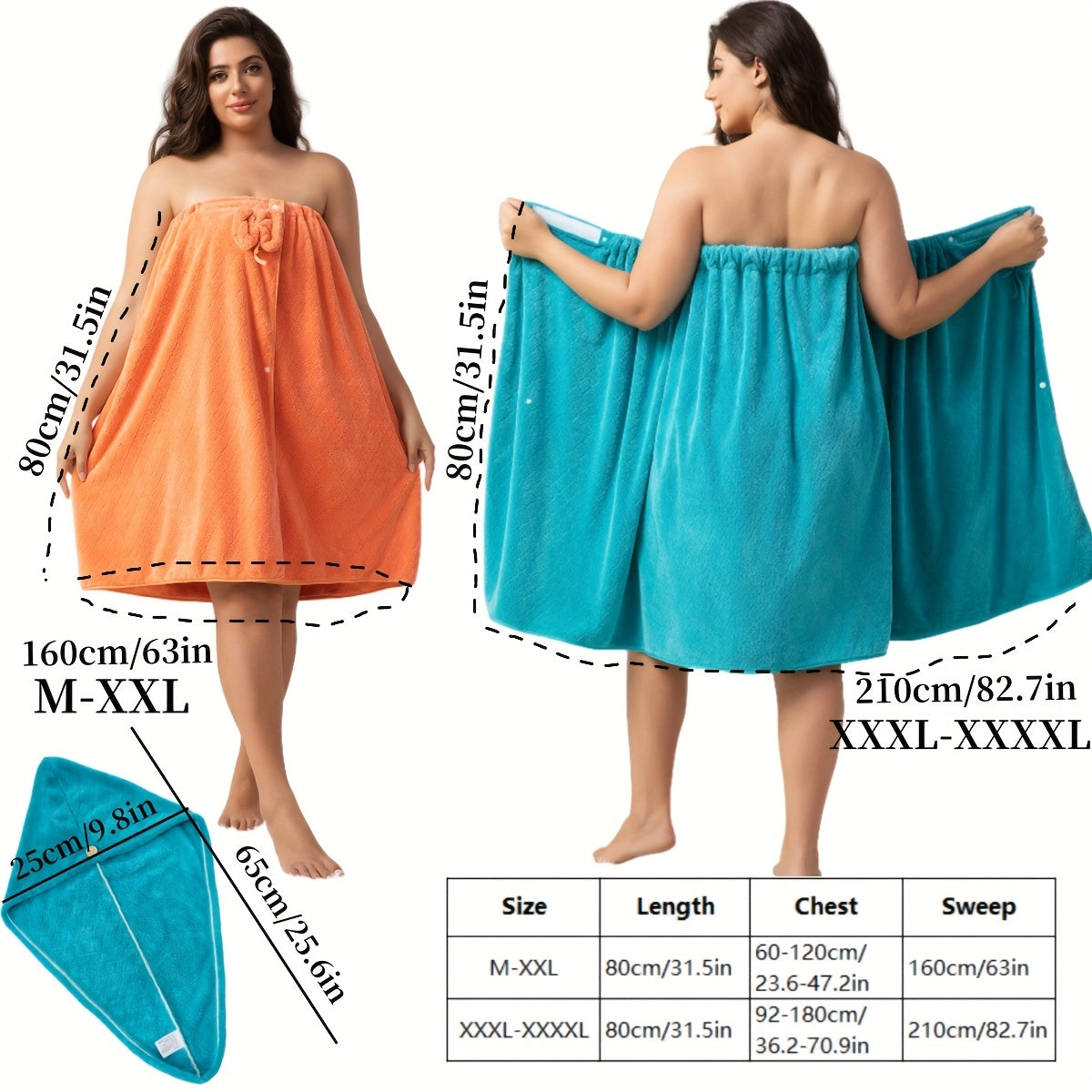 Extra Large Bath Wrap Skirt & Shower Cap Set of 2 – Super Absorbent Coral Fleece Body Wrap Towel, Adjustable M–XXXXL | Home, Travel, Sauna & Spa
