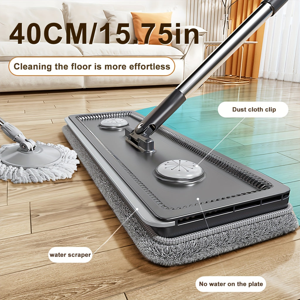 Dual-Bucket Flat Mop and Bucket System with 2025 Floating Scraper – Wash & Dry Separation, Widened Mop Head, Stainless Steel Rod & 4/6 Washable Microfiber Pads for Hardwood, Tile & Wall