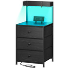 Tall Nightstand with Charging Station & LED Lights – 3 Drawers, Shelves, USB Ports, Outlets & 4 Hooks | Bedside Table for Bedroom