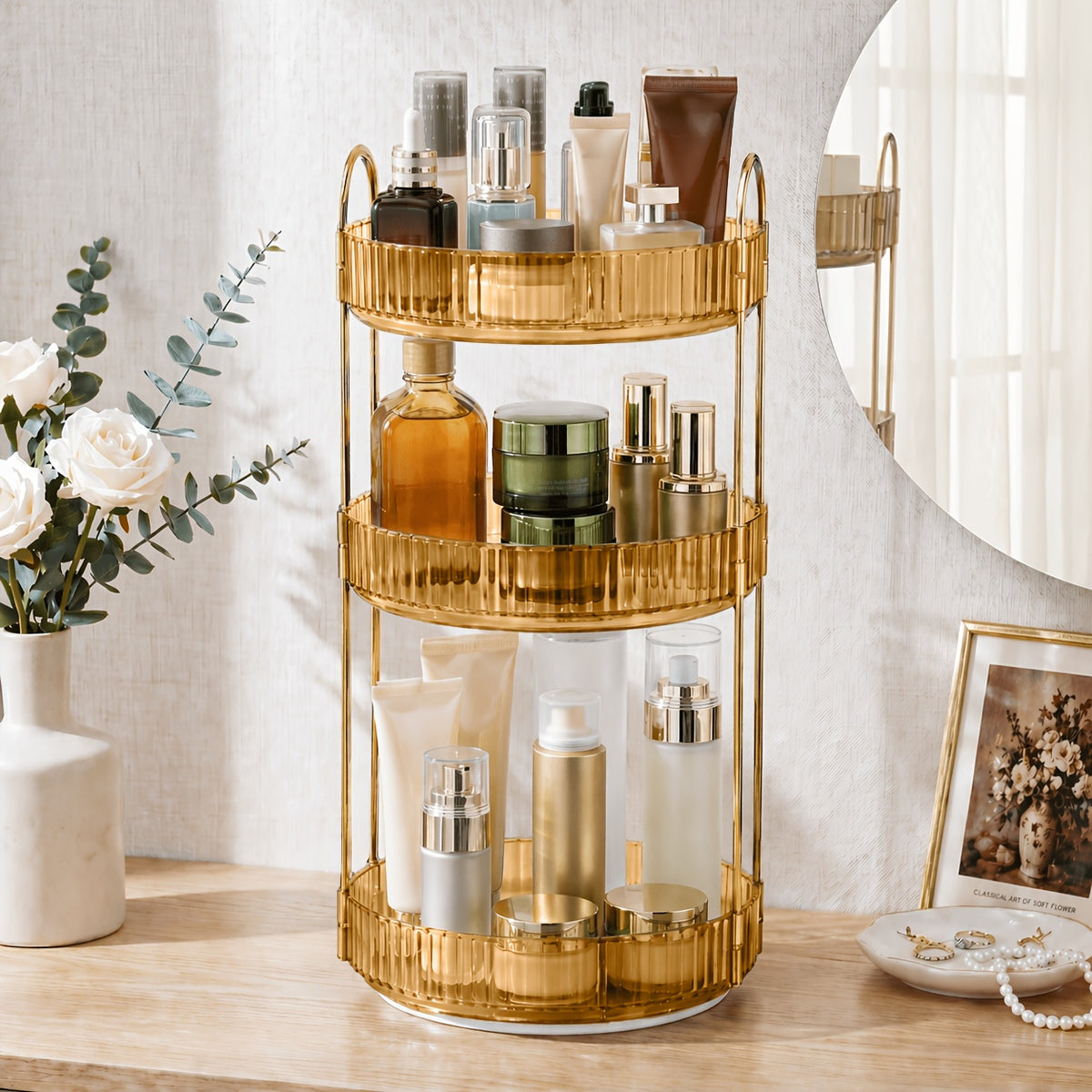 360° Swivel Makeup Organizer 3-Tier Countertop - Rotating Perfume & Cosmetic Organizer, Large Capacity Skincare Storage Rack for Bathroom Dresser Vanity