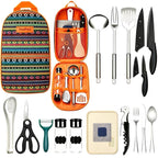 Camping Kitchen Utensil Set 17pcs Stainless Steel Outdoor Cooking & BBQ Utensils with Storage Bag - Portable Camping Cookware Accessories for Travel Picnic RV Barbecue Party, Bohemian/Black/Blue