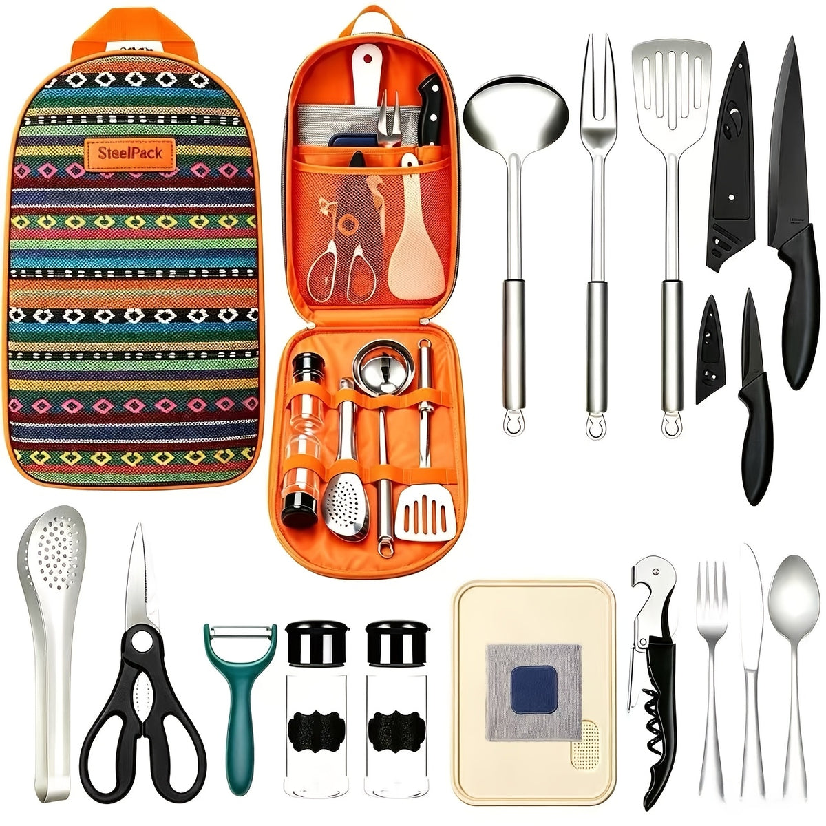 Camping Kitchen Utensil Set 17pcs Stainless Steel Outdoor Cooking & BBQ Utensils with Storage Bag - Portable Camping Cookware Accessories for Travel Picnic RV Barbecue Party, Bohemian/Black/Blue